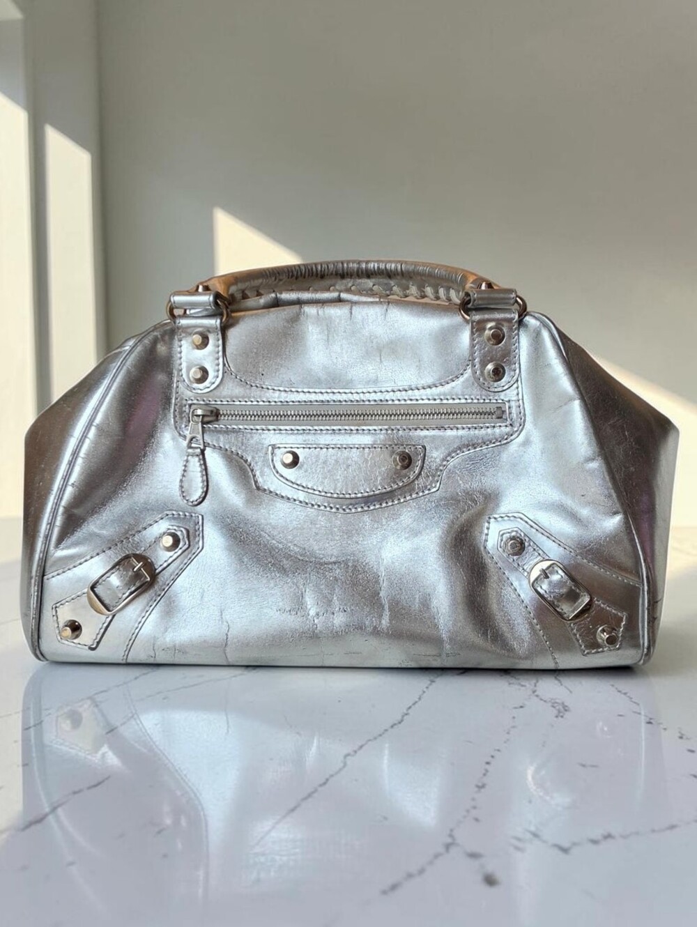 Balenciaga 2009 Metallic Silver Bowling PM Bag With Braided Handles Y2K - Picture 1 of 16